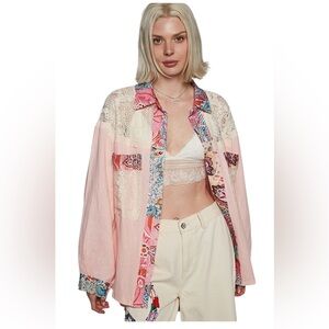 POL Cotton Pink with Lace Patchwork button down Shirt